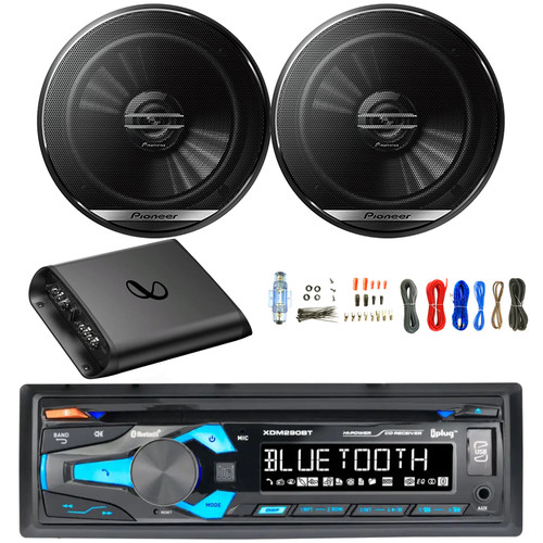 Dual In-Dash USB Bluetooth AM/FM Radio MP3 CD Stereo Receiver, 2x 6.5" 300 Watt Max 2-Way Car Audio Speakers, 2-Channel Amplifier w/Wiring Install Kit