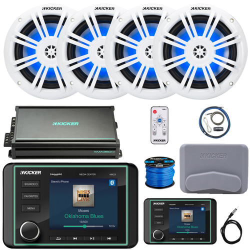 Kicker KMC5 3.5" LCD Display Marine Bluetooth USB/AUX WB AM/FM Gauge Style Receiver W/Controller + Cover, 4x 6.5" 150W Max RGB LED Speakers W/LED Controller, 4-Channel Amplifier W/Kit, Antenna, Wire