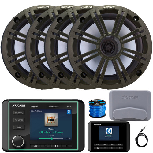Kicker KMC5 3.5" LCD Display Marine Bluetooth USB/AUX WB AM/FM Weather-Resistant Gauge Style Receiver W/Controller + Cover, 4x 6.5" 195W Max 4 Ohm Coaxial Speakers W/Charcoal Grilles, Antenna, Wire