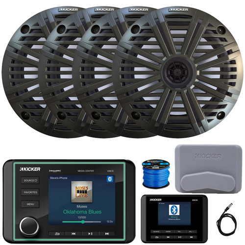 Kicker KMC5 3.5" LCD Display Marine Bluetooth USB/AUX WB AM/FM Radio Gauge Style Receiver W/Controller + Cover, 4x 6.5" 195 Watt Max Power 4 Ohm Coaxial Speakers W/Charcoal Grilles, Antenna, Wire