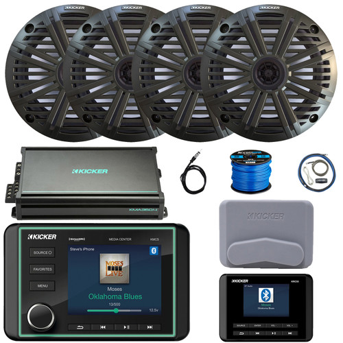 Kicker KMC5 3.5" LCD Display Marine Bluetooth USB/AUX WB AM/FM Gauge Style Receiver W/Controller + Cover, 4x 6.5" 195W Max 4 Ohm Speakers W/Charcoal Grilles, 4-Channel Amplifier W/Kit, Antenna, Wire