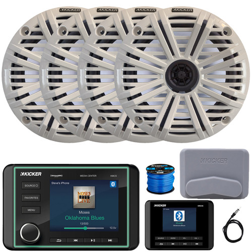 Kicker KMC5 3.5" LCD Display Marine Bluetooth USB/AUX WB AM/FM Radio Gauge Style Receiver W/Controller + Cover, 4x 6.5" 195 Watt Max Power 4 Ohm Coaxial Speakers W/White Grilles, Antenna, Wire