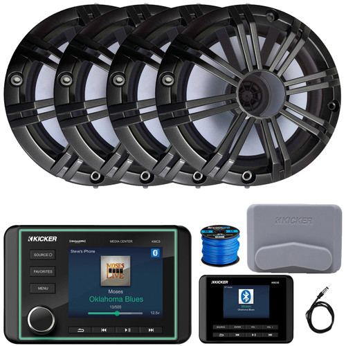 Kicker KMC5 3.5" LCD Display Marine Bluetooth USB/AUX WB AM/FM Radio Gauge Style Receiver W/Controller + Cover, 4x 6.5" 195 Watt Peak Power 4 Ohm Coaxial Speakers W/Charcoal Grilles, Antenna, Wire