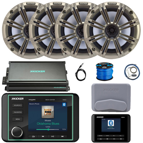Kicker KMC5 3.5" LCD Display Marine Bluetooth USB/AUX WB AM/FM Gauge Style Receiver W/Controller + Cover, 4x 6.5" 195W Max Coaxial Speakers W/Silver Grilles, 4-Channel Amplifier W/Kit, Antenna, Wire