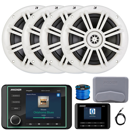 Kicker KMC5 3.5" LCD Display Marine Bluetooth USB/AUX WB AM/FM Radio Weather-Resistant Gauge Style Receiver W/Controller + Cover, 4x 6.5" 150 Watt Max 2-Way White Boat Coaxial Speakers, Antenna, Wire