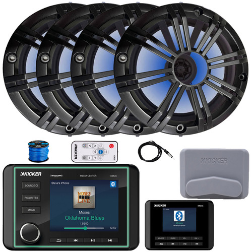 Kicker KMC5 3.5" LCD Display Marine Bluetooth USB/AUX WB AM/FM Gauge Style Receiver W/Controller + Cover, 4x 6.5" 195W Peak Power RGB LED Speakers W/Charcoal Grille + LED Controller, Antenna, Wire