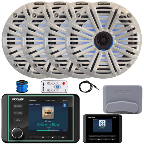 Kicker KMC5 3.5" LCD Display Marine Bluetooth USB/AUX WB AM/FM Gauge Style Receiver W/Controller + Cover, 4x 6.5" 195 Watt Max Power RGB LED Speakers W/White Grille + LED Controller, Antenna, Wire