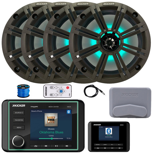 Kicker KMC5 3.5" LCD Display Marine Bluetooth USB/AUX WB AM/FM Gauge Style Receiver W/Controller + Cover, 4x 8" 300W Max Power RGB LED Boat Speakers W/Charcoal Grilles + LED Controller, Antenna, Wire
