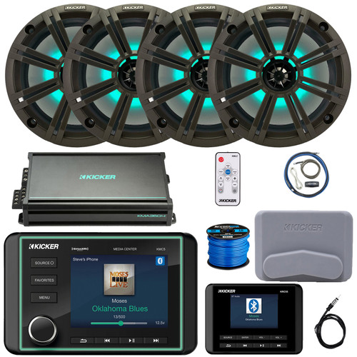 Kicker KMC5 3.5" Display Marine Bluetooth USB/AUX AM/FM Gauge Style Receiver W/Controller + Cover, 4x 8" 300W Max RGB LED Speakers W/Charcoal Grilles + LED Controller, Amplifier W/Kit, Antenna, Wire