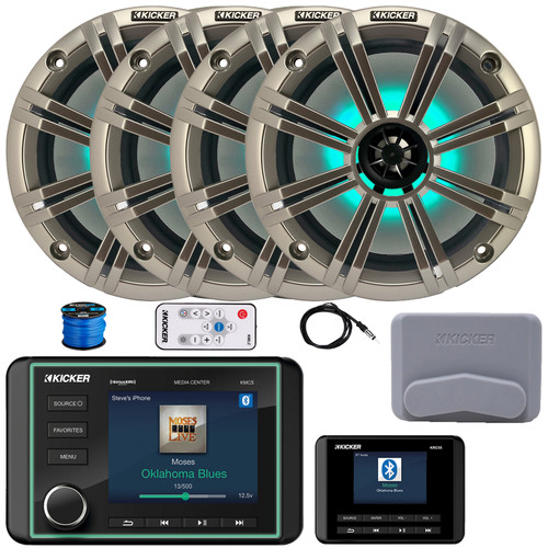 Kicker KMC5 3.5" LCD Display Marine Bluetooth USB/AUX WB AM/FM Gauge Style Receiver W/Controller + Cover, 4x 8" 300W Max Power RGB LED Boat Speakers W/Silver Grilles + LED Controller, Antenna, Wire