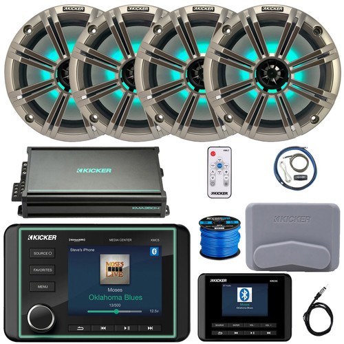 Kicker KMC5 3.5" Display Marine Bluetooth USB/AUX AM/FM Gauge Style Receiver W/Controller + Cover, 4x 8" 300W Max RGB LED Speakers W/Silver Grilles + LED Controller, Amplifier W/Kit, Antenna, Wire