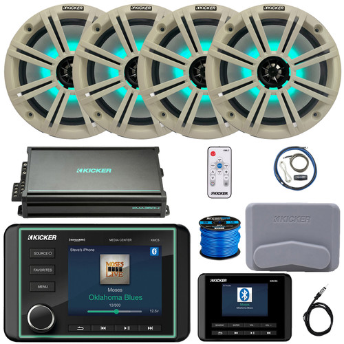 Kicker KMC5 3.5" Display Marine Bluetooth USB/AUX AM/FM Gauge Style Receiver W/Controller + Cover, 4x 8" 300W Max RGB LED Speakers W/White Grilles + LED Controller, Amplifier W/Kit, Antenna, Wire