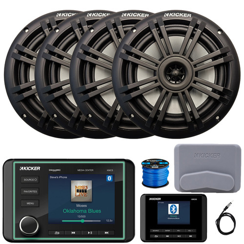 Kicker KMC5 3.5" LCD Display Marine Bluetooth USB/AUX WB AM/FM Radio Weather-Resistant Gauge Style Receiver W/Controller + Cover, 4x 6.5" 150 Watt Max 2-Way Black Boat Audio Speakers, Antenna, Wire