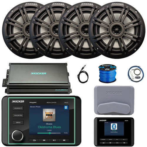 Kicker KMC5 3.5" LCD Display Marine Bluetooth USB/AUX WB AM/FM Gauge Style Receiver W/Controller + Cover, 4x 6.5" 150W Max Power 2-Way Black Speakers, 4 Channel Amplifier W/Kit, Antenna, Wire