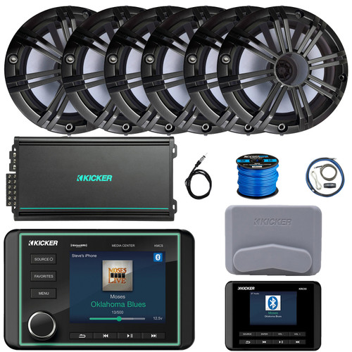 Kicker KMC5 3.5" LCD Display Marine Bluetooth USB/AUX WB AM/FM Gauge Style Receiver W/Controller + Cover, 6x 6.5" 195W Peak Coaxial Speaker W/Charcoal Grille, 6-Channel Amplifier W/Kit, Antenna, Wire