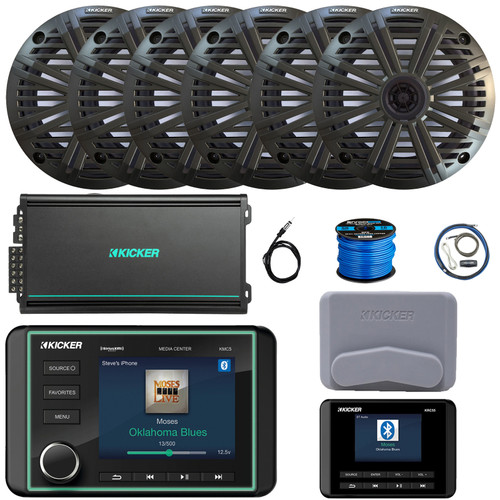 Kicker KMC5 3.5" LCD Display Marine Bluetooth USB/AUX WB AM/FM Gauge Style Receiver W/Controller + Cover, 6x 6.5" 195W Max Coaxial Speaker W/Charcoal Grilles, 6-Channel Amplifier W/Kit, Antenna, Wire