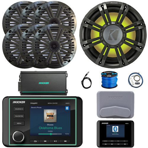 Kicker KMC5 Marine Bluetooth USB/AUX WB Gauge Style Receiver W/Controller + Cover, 6x 6.5" 195W Peak Coaxial Speaker W/Charcoal Grille, 10" Subwoofer W/Charcoal Grille, Amplifier W/Kit, Antenna, Wire