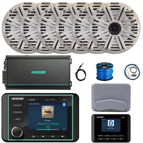 Kicker KMC5 3.5" LCD Display Marine Bluetooth USB/AUX WB AM/FM Gauge Style Receiver W/Controller + Cover, 6x 6.5" 195W Max Coaxial Speakers W/White Grilles, 6-Channel Amplifier W/Kit, Antenna, Wire