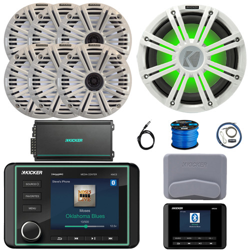 Kicker KMC5 Marine Bluetooth USB/AUX WB Gauge Style Receiver W/Controller + Cover, 6x 6.5" 195W Peak Coaxial Speakers W/White Grilles, 10" Subwoofer W/White Grille, Amplifier W/Kit, Antenna, Wire