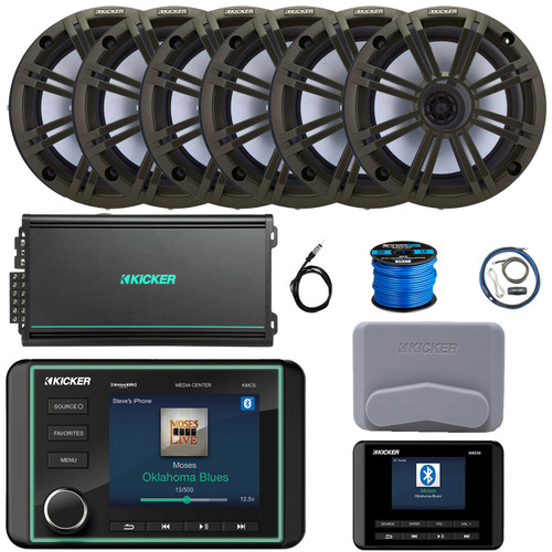 Kicker KMC5 3.5" LCD Display Marine Bluetooth USB/AUX WB AM/FM Gauge Style Receiver W/Controller + Cover, 6x 6.5" 195W Max 4 Ohm Speakers W/Charcoal Grilles, 6-Channel Amplifier W/Kit, Antenna, Wire