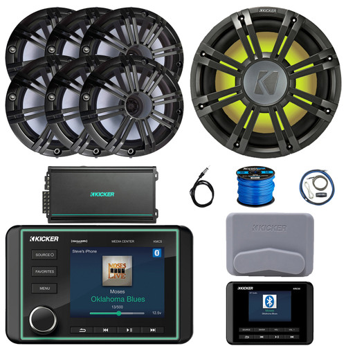 Kicker KMC5 Marine Bluetooth USB/AUX WB AM/FM Gauge Style Receiver W/Controller + Cover, 6x 6.5" 195W Max Speakers W/Charcoal Grilles, 12" Subwoofer W/Charcoal Grilles, Amplifier W/Kit, Antenna, Wire