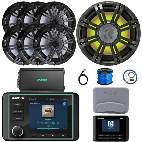 Kicker KMC5 Marine Bluetooth USB/AUX WB Gauge Style Receiver W/Controller + Cover, 6x 6.5" 195W Max Coaxial Speakers W/Charcoal Grille, 10" Subwoofer W/Charcoal Grille, Amplifier W/Kit, Antenna, Wire
