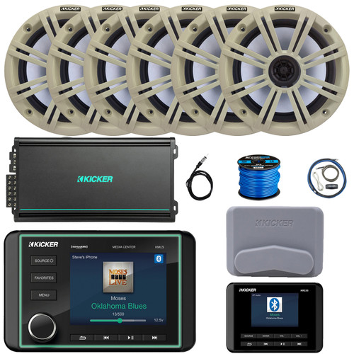 Kicker KMC5 3.5" LCD Display Marine Bluetooth USB/AUX WB AM/FM Gauge Style Receiver W/Controller + Cover, 6x 6.5" 195W Max 4 Ohm Speakers W/White Grilles, 6-Channel Amplifier W/Kit, Antenna, Wire