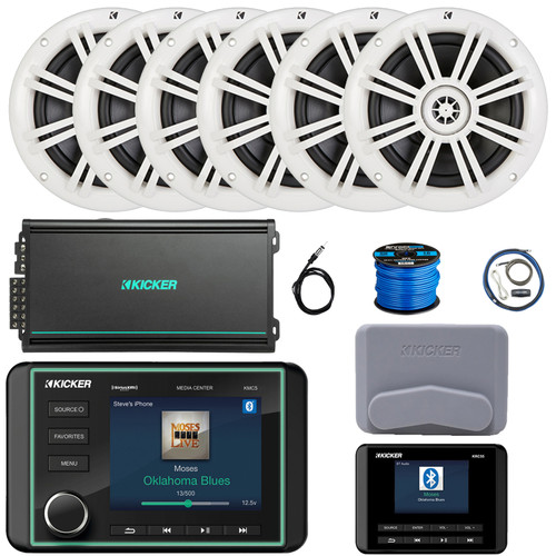 Kicker KMC5 3.5" Marine Bluetooth USB/AUX WB AM/FM Weather-Resistant Gauge Style Receiver W/Controller + Cover, 6x 6.5" 150W Max 2-Way White Speakers, 6-Channel Amplifier W/Kit, Antenna, Wire