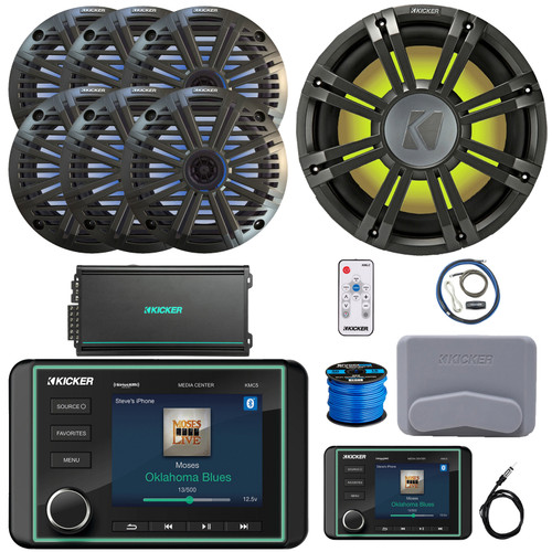Kicker KMC5 Marine Bluetooth USB/AUX Gauge Style Receiver W/Controller + Cover, 6x 6.5" RGB LED Speakers W/Charcoal Grilles + LED Controller, Subwoofer W/Charcoal Grilles, Amp, Kit, Antenna, Wire