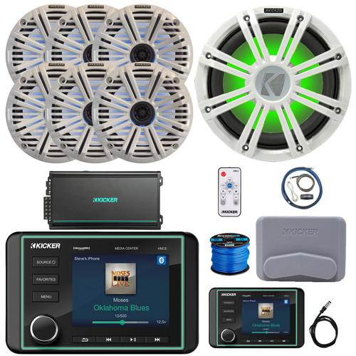 Kicker KMC5 Marine Bluetooth USB/AUX AM/FM Radio Gauge Style Receiver W/Controller + Cover, 6x 6.5" RGB LED Speaker W/White Grille + LED Controller, Subwoofer W/White Grille, Amp W/Kit, Antenna, Wire