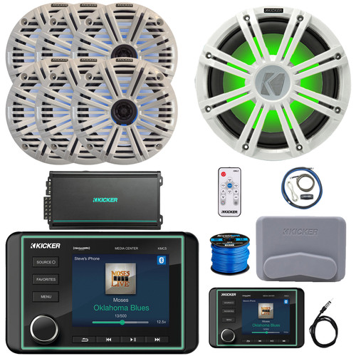 Kicker KMC5 Marine Bluetooth USB/AUX Gauge Style Receiver W/Controller + Cover, 6x 6.5" RGB LED Speakers W/White Grilles + LED Controller, Subwoofer W/White Grilles, Amplifier W/Kit, Antenna, Wire