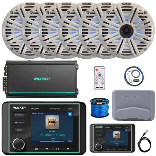 Kicker KMC5 3.5" Marine Bluetooth USB/AUX AM/FM Gauge Style Receiver W/Controller + Cover, 6x 6.5" 195 Watt Peak RGB LED Speakers W/White Grilles + LED Controller, Amplifier W/Kit, Antenna, Wire