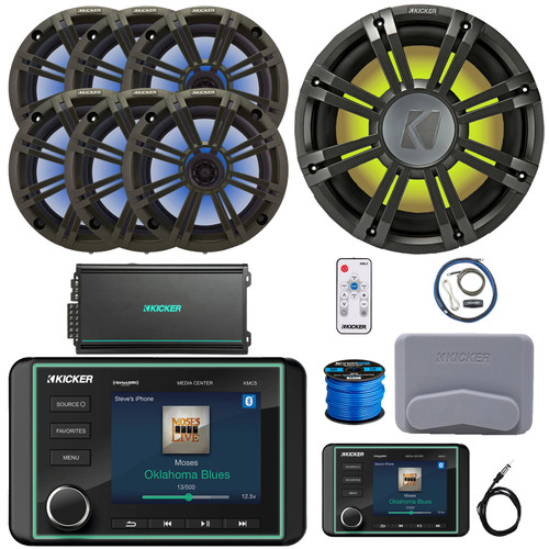 Kicker KMC5 Marine Bluetooth USB/AUX Gauge Style Receiver W/Controller + Cover, 6x 6.5" RGB LED Speakers W/Charcoal Grilles + LED Controller, Subwoofer W/Charcoal Grille, Amp W/Kit, Antenna, Wire