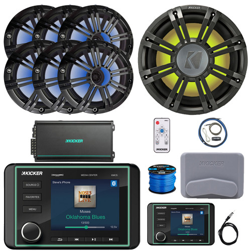 Kicker KMC5 Marine Bluetooth USB/AUX Gauge Style Receiver W/Controller + Cover, 6x 6.5" RGB LED Speakers W/Charcoal Grilles + LED Controller, Subwoofer W/Charcoal Grilles, Amp W/Kit, Antenna, Wire
