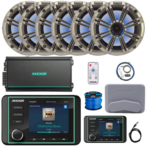 Kicker KMC5 3.5" Marine Bluetooth USB/AUX AM/FM Radio Gauge Style Receiver W/Controller + Cover, 6x 6.5" 195W Max RGB LED Speakers W/Silver Grilles + LED Controller, Amplifier W/Kit, Antenna, Wire