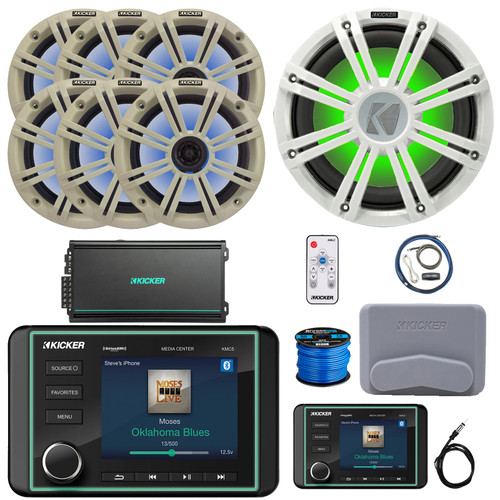 Kicker KMC5 Marine Bluetooth USB/AUX AM/FM Gauge Style Receiver W/Controller + Cover, 6x 6.5" RGB LED Speakers W/White Grille + LED Controller, 12" Subwoofer W/White Grilles, Amp W/Kit, Antenna, Wire