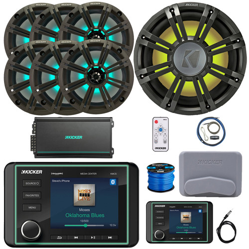 Kicker KMC5 Marine Bluetooth USB/AUX Gauge Style Receiver W/Controller + Cover, 6x 8" 300W Max Speakers W/Charcoal Grilles + LED Controller, 10" Subwoofer W/Charcoal Grilles, Amp W/Kit, Antenna, Wire