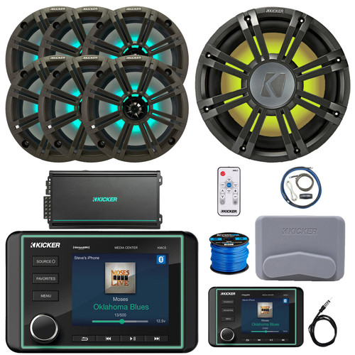 Kicker KMC5 Marine Bluetooth USB/AUX WB Gauge Style Receiver W/Controller + Cover, 6x 8" RGB LED Speakers W/Charcoal Grille + LED Controller, 12" Subwoofer W/Charcoal Grille, Amp W/Kit, Antenna, Wire