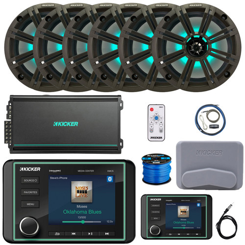 Kicker KMC5 3.5" Marine Bluetooth USB/AUX AM/FM Gauge Style Receiver W/Controller + Cover, 6x 8" 300W Max RGB LED Speakers W/Charcoal Grille + LED Controller, 6-Channel Amplifier W/Kit, Antenna, Wire