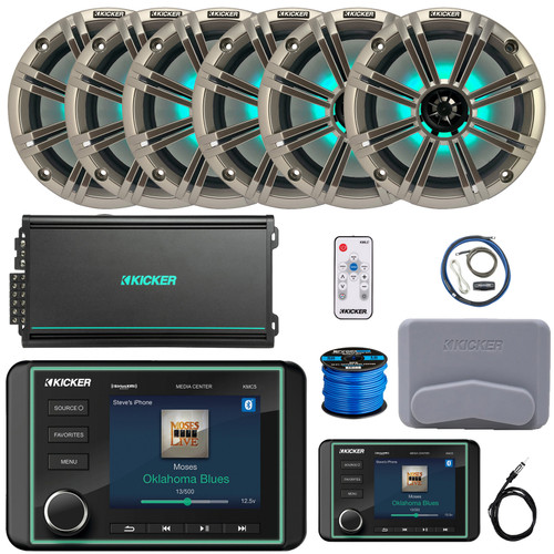 Kicker KMC5 3.5" Marine Bluetooth USB/AUX AM/FM Gauge Style Receiver W/Controller + Cover, 6x 8" 300W Max RGB LED Speakers W/Silver Grilles + LED Controller, 6-Channel Amplifier W/Kit, Antenna, Wire