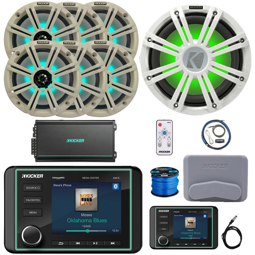 Kicker KMC5 Marine Bluetooth USB/AUX AM/FM Gauge Style Receiver W/Controller + Cover, 6x 8" 300W Max Speakers W/White Grilles + LED Controller, 10" Subwoofer W/White Grilles, Amp W/Kit, Antenna, Wire