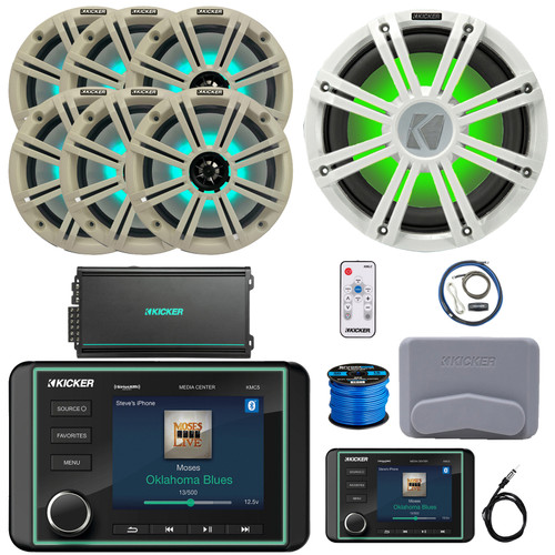 Kicker KMC5 Marine Bluetooth USB/AUX WB Gauge Style Receiver W/Controller + Cover, 6x 8" RGB LED Speakers W/White Grilles + LED Controller, 12" Subwoofer W/White Grilles, Amp W/Kit, Antenna, Wire
