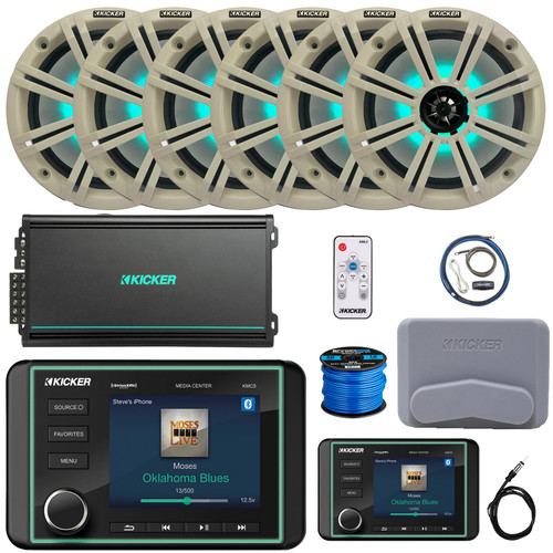 Kicker KMC5 3.5" Marine Bluetooth USB/AUX AM/FM Gauge Style Receiver W/Controller + Cover, 6x 8" 300W Max RGB LED Speakers W/White Grilles + LED Controller, 6-Channel Amplifier W/Kit, Antenna, Wire