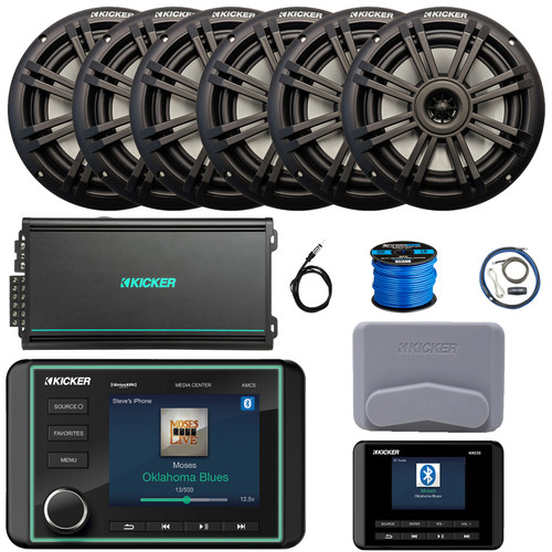 Kicker KMC5 3.5" Marine Bluetooth USB/AUX WB AM/FM Weather-Resistant Gauge Style Receiver W/Controller + Cover, 6x 6.5" 150W Max 2-Way Black Speakers, 6-Channel Amplifier W/Kit, Antenna, Wire