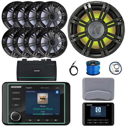Kicker KMC5 3.5 Display Marine Bluetooth USB/AUX WB AM/FM Gauge Style Receiver W/Controller + Cover, 8x 6.5" 195W Peak Speakers W/Charcoal Grilles, Sub W/Charcoal Grille, Amp W/Kit, Antenna, Wire