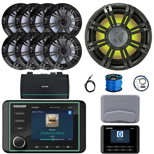 Kicker KMC5 3.5" Marine Bluetooth USB/AUX WB Gauge Style Receiver W/Controller + Cover, 8x 6.5" 195W Peak 4 Ohm Speakers W/Charcoal Grille, Subwoofer W/Charcoal Grille, Amplifier W/Kit, Antenna, Wire