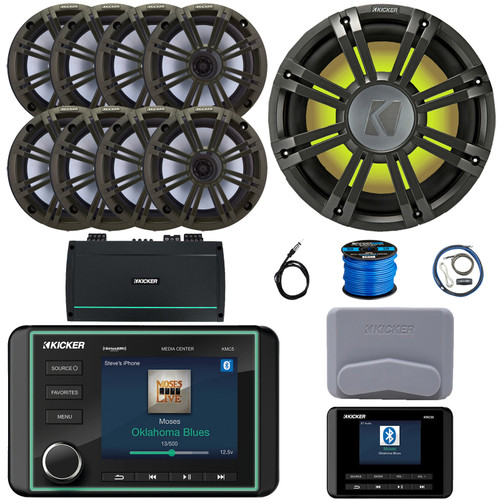 Kicker KMC5 Marine Bluetooth USB/AUX WB AM/FM Gauge Style Receiver W/Controller + Cover, 8x 6.5" 195W Max Speakers W/Charcoal Grilles, 10" Subwoofer W/Charcoal Grille, Amplifier W/Kit, Antenna, Wire
