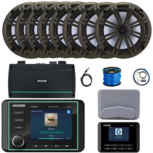 Kicker KMC5 3.5" Marine Bluetooth USB/AUX WB AM/FM Gauge Style Receiver W/Controller + Cover, 8x Kicker 6.5" 195W Max 4 Ohm Coaxial Speakers W/Charcoal Grilles, Amplifier W/Kit, Antenna, Wire