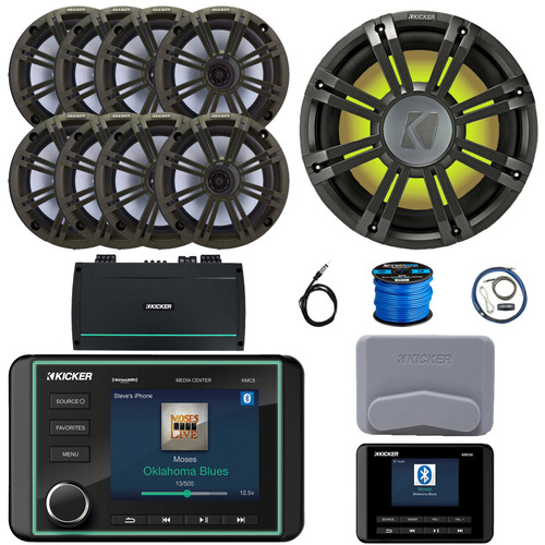 Kicker KMC5 3.5" Marine Bluetooth USB/AUX WB Gauge Style Receiver W/Controller + Cover, 8x 6.5" 195W Max Speakers W/Charcoal Grilles, 12" Subwoofer W/Charcoal Grille, Amplifier W/Kit, Antenna, Wire
