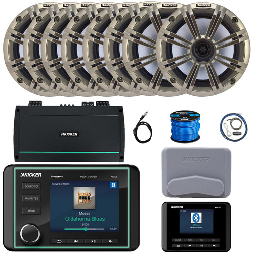 Kicker KMC5 3.5" Marine Bluetooth USB/AUX WB AM/FM Gauge Style Receiver W/Controller + Cover, 8x Kicker 6.5" 195W Max 4 Ohm Coaxial Speakers W/Silver Grilles, 8-Channel Amplifier W/Kit, Antenna, Wire